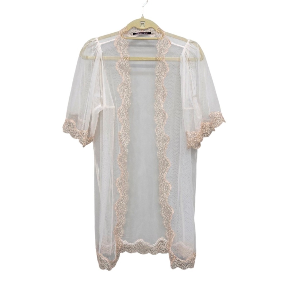 Victorias Secret Sheer Lace Robe Kimono Large Ivory Mesh Romantic Coquette Fairy